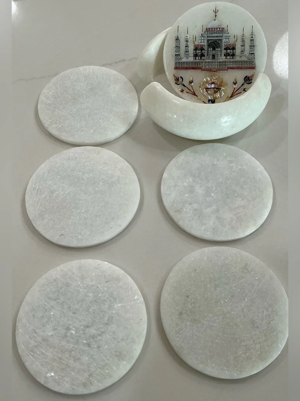 Set 6 Round Marble Tea Coaster Set Taj Mahal Art Gift-able Coaster for Eid 4.5”